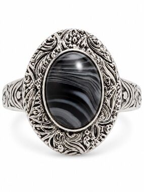 925 Sterling Silver - Hand Crafted Black Striped Stone Oval Ring